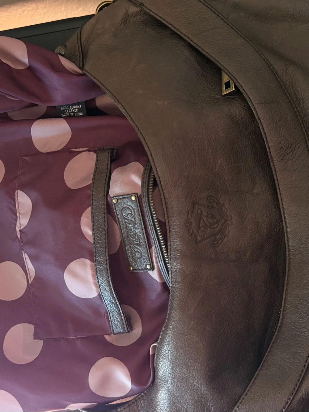 Slouch hobo Multi pocket oversized shoulder bag purple polka dot lining leather